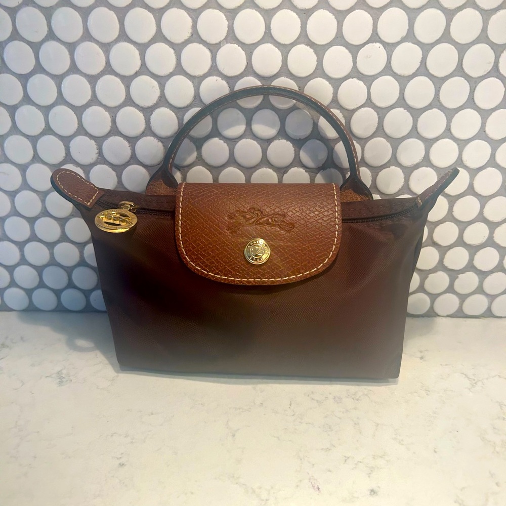 Authentic Longchamp Le Pliage Mini Pouch with Handle Ebony